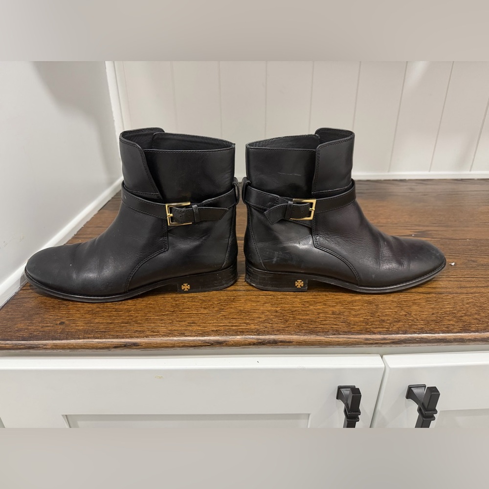 Tory Burch Black Ankle Booties with Gold Buckle